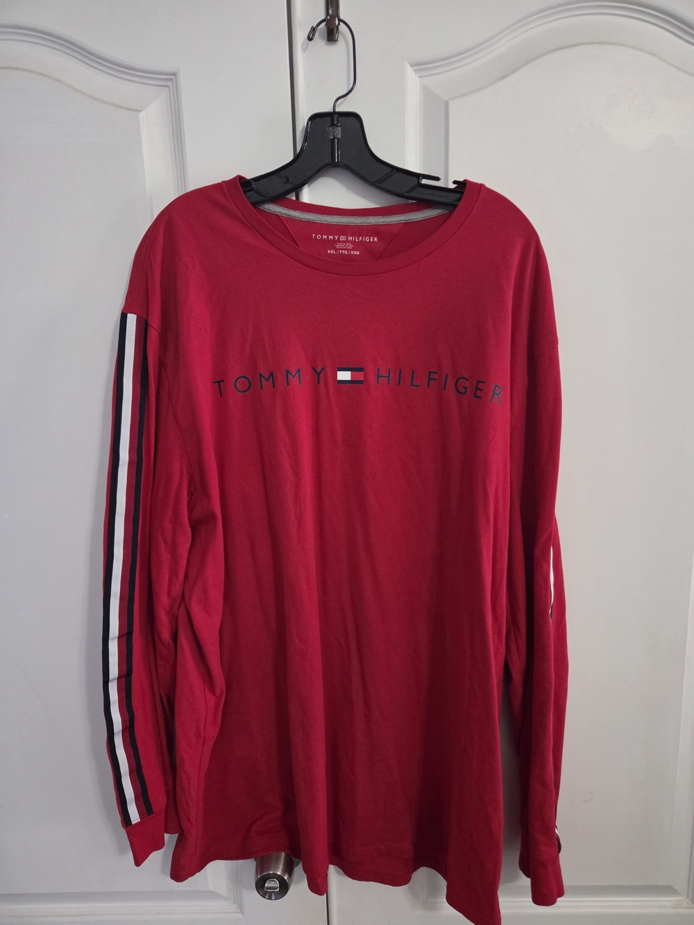 Tommy Hilfiger Red Long-Sleeve Logo Tee with Stripe Sleeves
